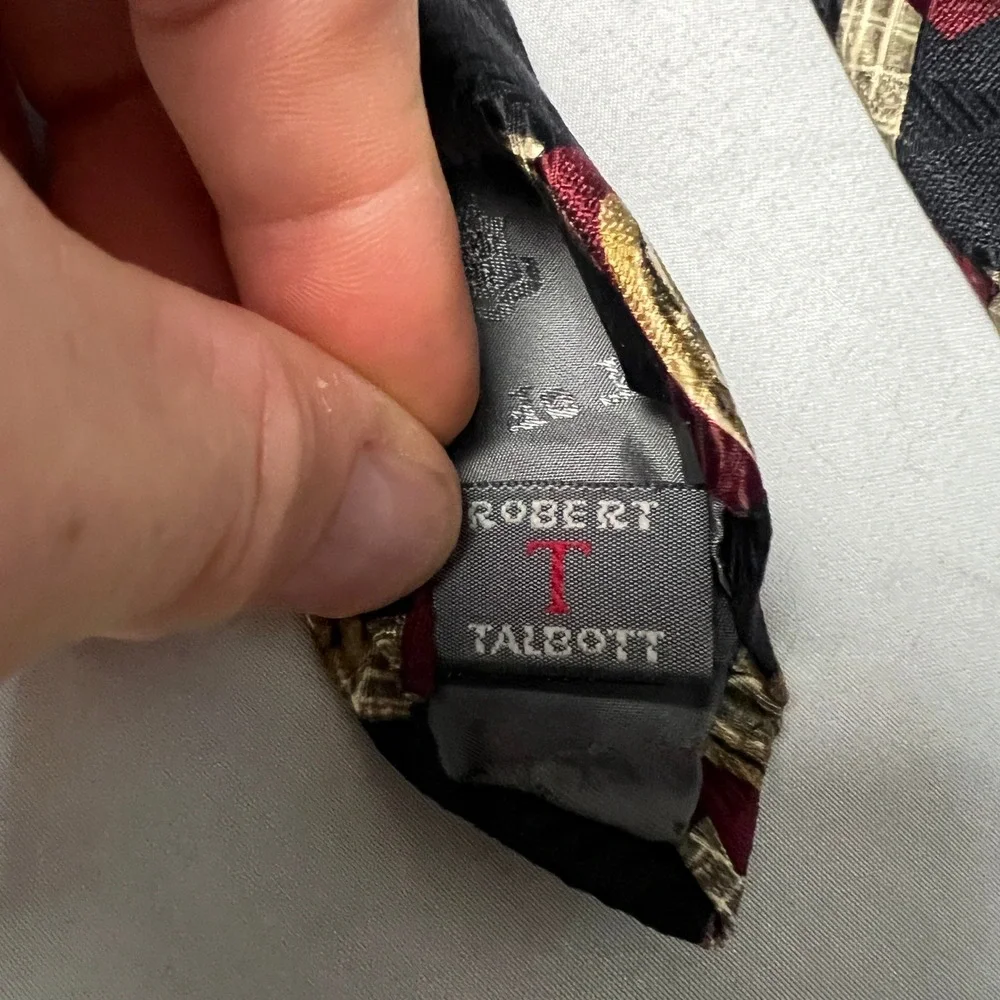 Robert‎ Talbott Silk Necktie Black Burgundy Gold Coin Pattern Hand Sewn Italy